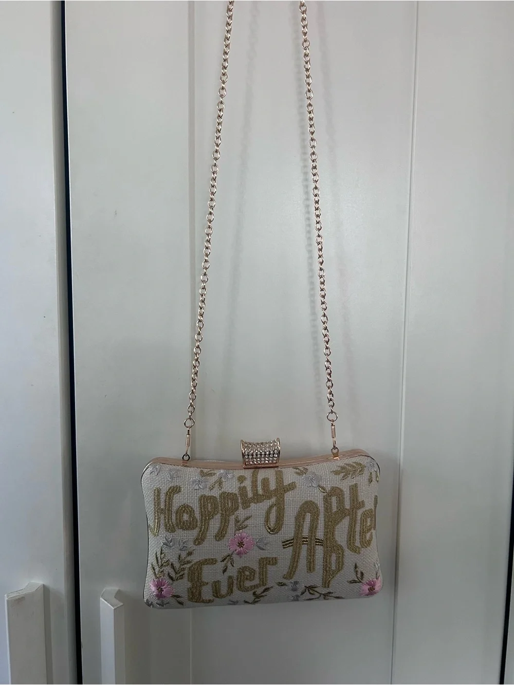 Women’s White Embellished Crossbody Clutch with Gold Chain